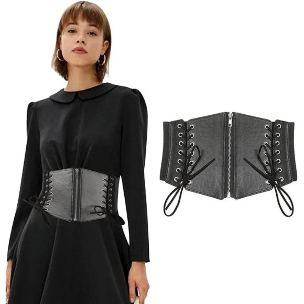 Black Faux Leather Corset Waistbelt Lace Up Elastic‎ Bustier Cincher Belt